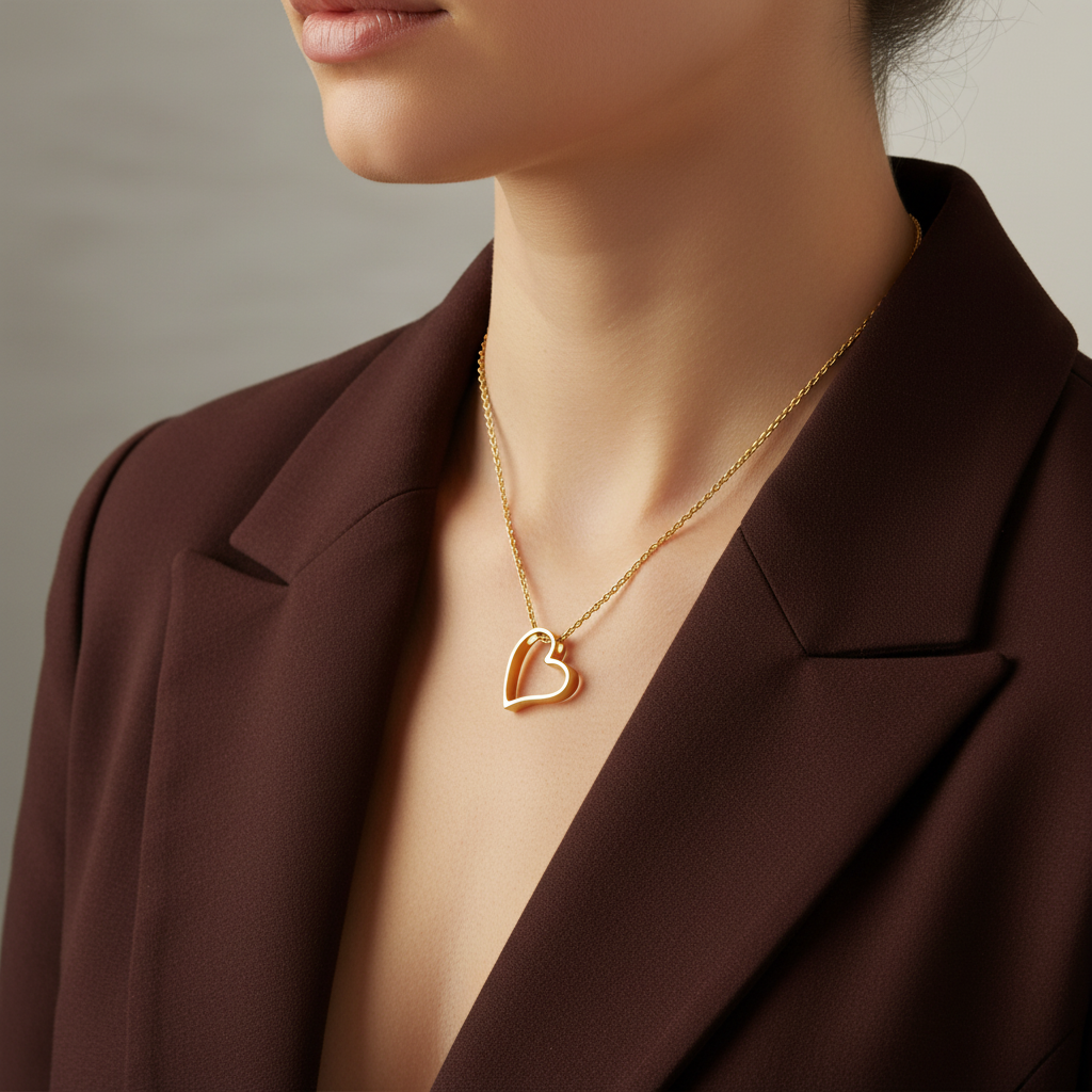 Gold heart-shaped silver necklace worn by a person